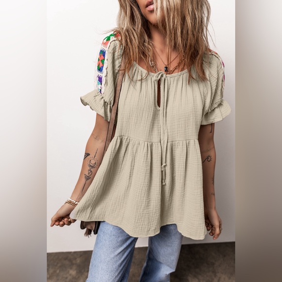 Khaki  Crinkle Embroidered Patched Bubble Sleeve Tied Neck Blouse Bohemian - Picture 2 of 11